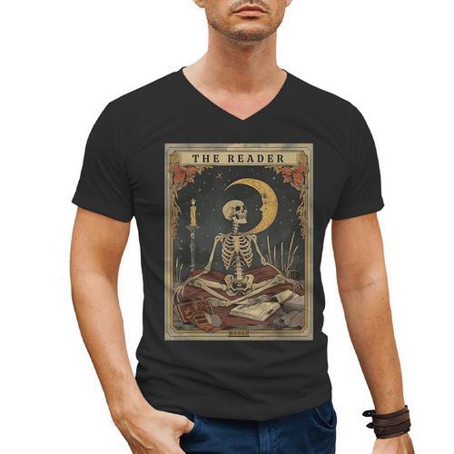 Books Lover Book Novels Reading Halloween Costumes Cottagecore Skeleton Aesthetic Tarot Card The Reader Graphic Men's V-Neck T-Shirt - Bookorys