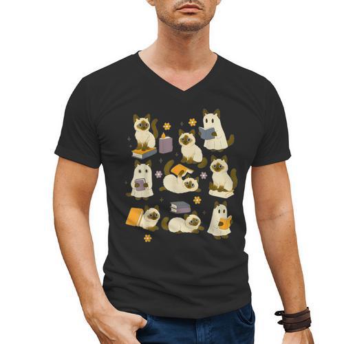 Books Lover Bookish Ghost Himalayan Cat Reading Halloween Men's V-Neck T-Shirt - Bookorys AU