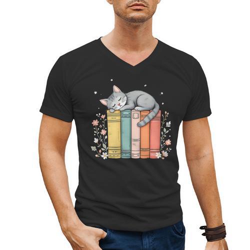 Books Lover Cute Sleepy Cat Relax Reading Vibe Men's V-Neck T-Shirt - Bookorys AU
