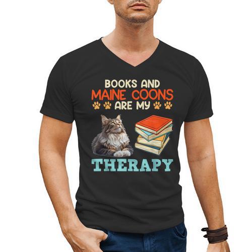 BOOKS AND MAINE COONS ARE MY THERAPY Main Coon Men's V-Neck T-Shirt - Bookorys DE