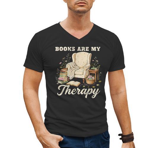 Books Are My Therapy Cozy Reading Chair Artwork Men's V-Neck T-Shirt - Bookorys