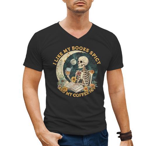 I Like My Books Spicy & My Coffee Icy Skeleton Read Book Men's V-Neck T-Shirt - Bookorys