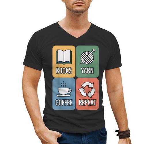 Books Yarn Coffee Repeat Crocheting Men's V-Neck T-Shirt - Bookorys UK
