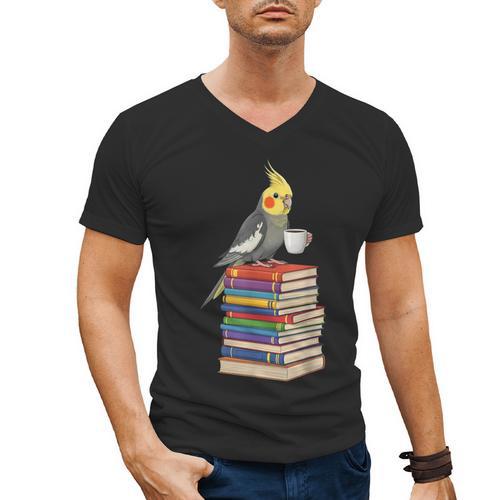 Bookworm Cockatiel Bird Reading Books Drinking Coffee Lover Men's V-Neck T-Shirt - Bookorys