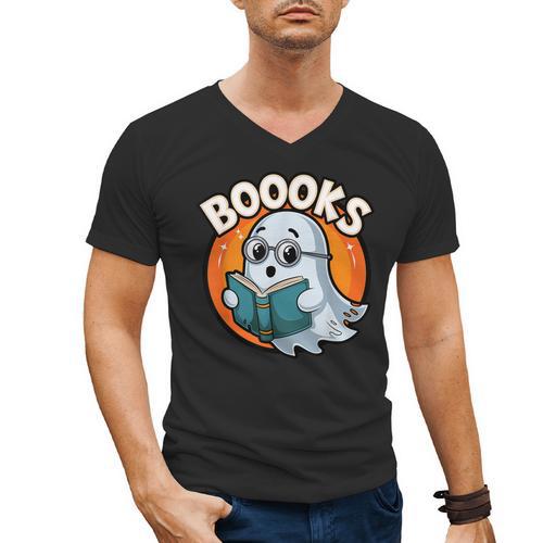 BOOOKS Cute Ghost Reading Books Halloween Men's V-Neck T-Shirt - Bookorys DE