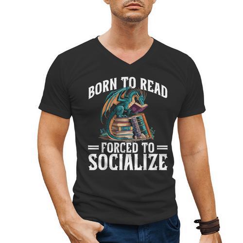 Born To Read Forced To Socialize Dragon Books Reading Men's V-Neck T-Shirt - Bookorys AU