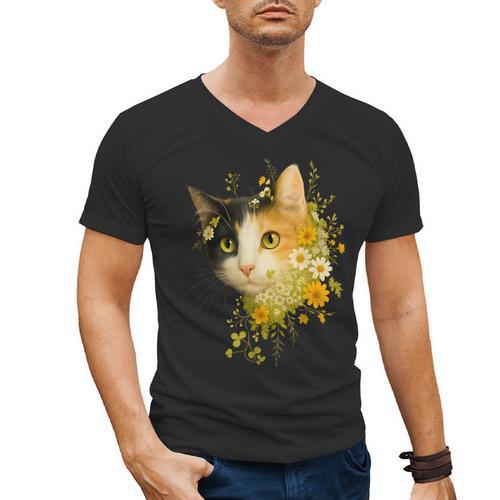 Calico Cat With Flowers For Mom Dad Women Men Kids Botanical Men's V-Neck T-Shirt - Father's Day Fun