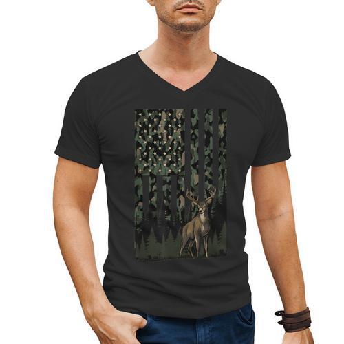 Camo Deer American Flag Graphic Hunting Men Dad Boys Men's V-Neck T-Shirt - Father's Day Fun