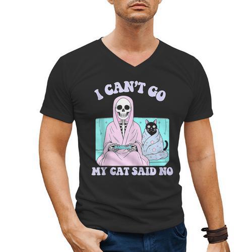 I Can't Go My Cat Said No Introvert Anxiety Cat Lover Men's V-Neck T-Shirt - Raresse