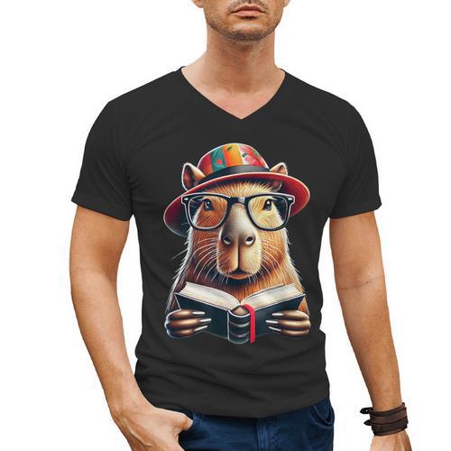 Capybara Bookworm Rodent Reading a Book Men's V-Neck T-Shirt - Bookorys