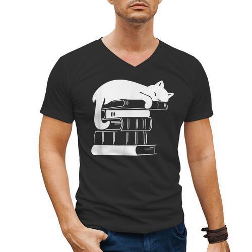 Cat Book Books And Cats Cat Lover Cat Mom Book Lovers Men's V-Neck T-Shirt - Bookorys DE
