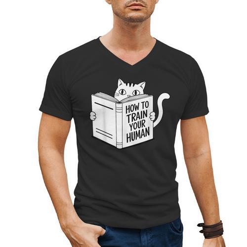 Cat Book Humor How To Train Your Human Men's V-Neck T-Shirt - Bookorys