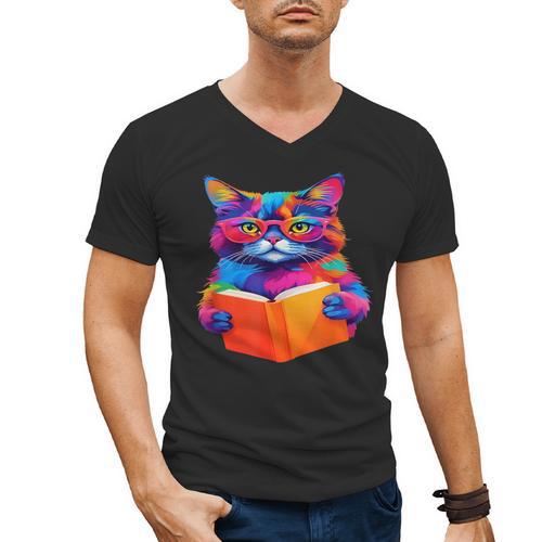 Cat Book Shirt Colorful Cat Reading Book Men's V-Neck T-Shirt - Bookorys AU