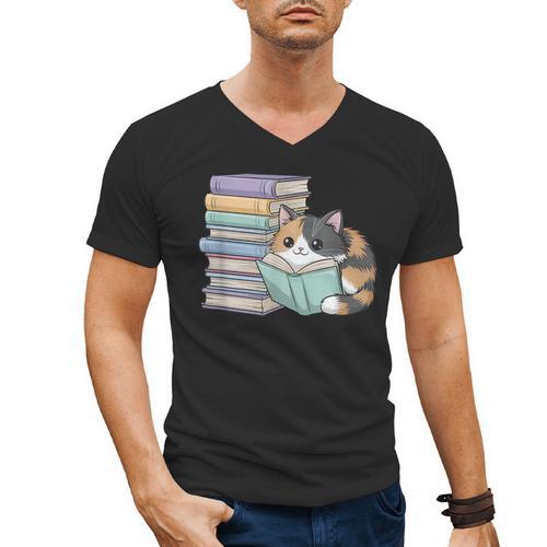Cat On Books Pets Cats Reading Book Nerd Read Reader Bookcat Men's V-Neck T-Shirt - Bookorys
