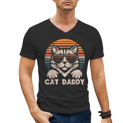 Cat Daddy Sunglasses Sunset Retro Fur Dad Papa Kitten Men Men's V-Neck T-Shirt - Father's Day Fun