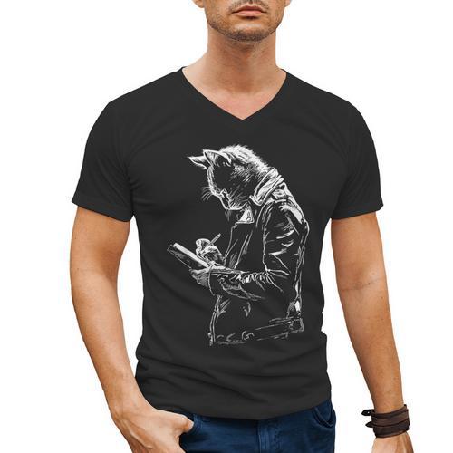 Cat Holds Book Writing Animal Print Motif Drawing Art Cat Men's V-Neck T-Shirt - Bookorys