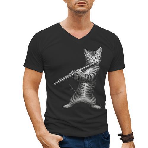 Cat Playing Flute For Cat Lover Cat Mom Cat Dad Men's V-Neck T-Shirt - Father's Day Fun