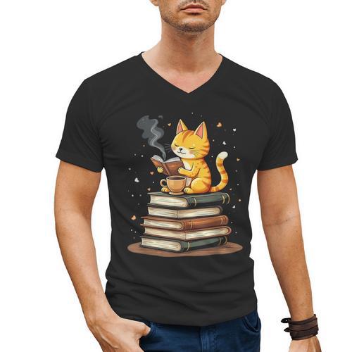 Cat Reading Books Men's V-Neck T-Shirt - Bookorys AU