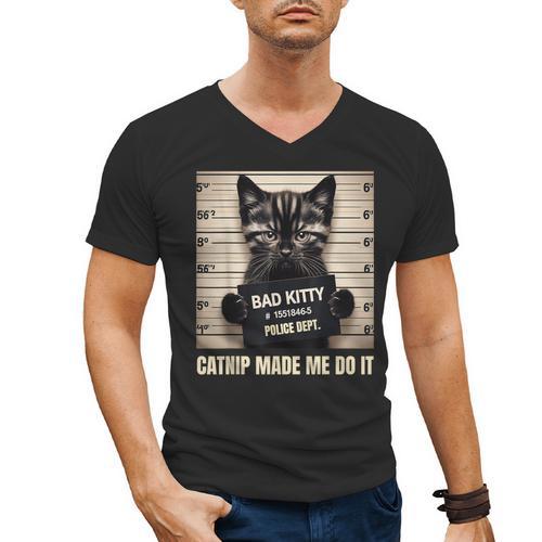 Catnip Made Me Do It Mugshot For Cat Lover Cat Mom Cat Dad Men's V-Neck T-Shirt - Father's Day Fun