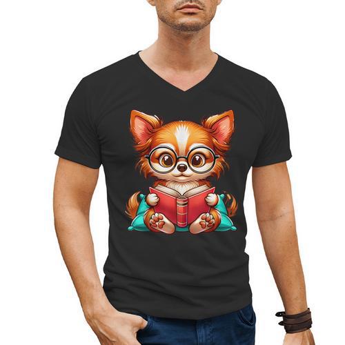 Chihuahua Reading a Book Dog Men's V-Neck T-Shirt - Bookorys