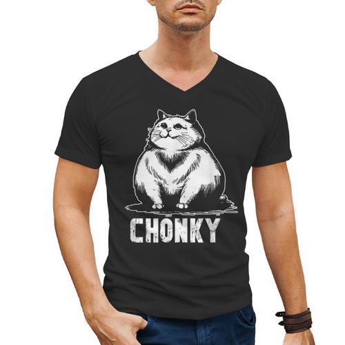Chonk Fat And Hairy Cat Cats Kittens Dad Graphic Mom Funny Men's V-Neck T-Shirt - Father's Day Fun