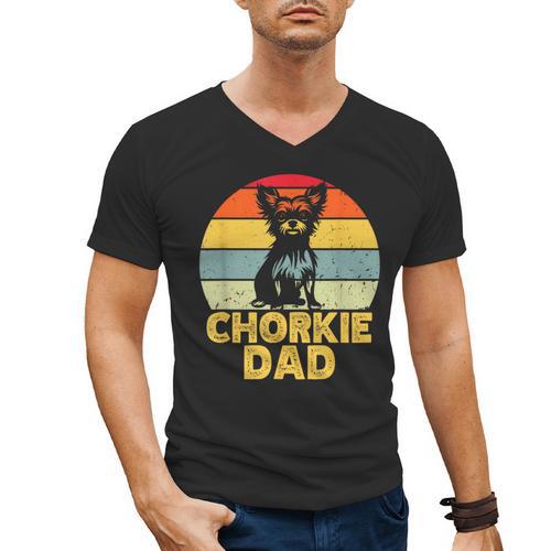 Chorkie Dad Retro Sunset Chihuahua Yorkie Mix Lover Men's V-Neck T-Shirt - Father's Day Fun