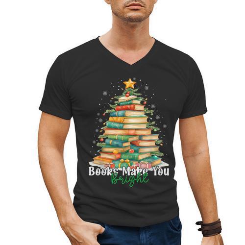 Christmas Books Make You Bright Librarian Teacher Book Lover Men's V-Neck T-Shirt - Bookorys DE