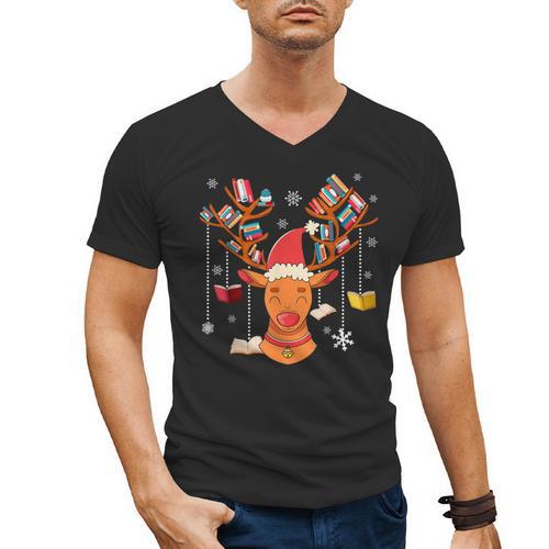 Christmas Librarian Reindeer Xmas Book Teachers Love Reading Men's V-Neck T-Shirt - Bookorys DE