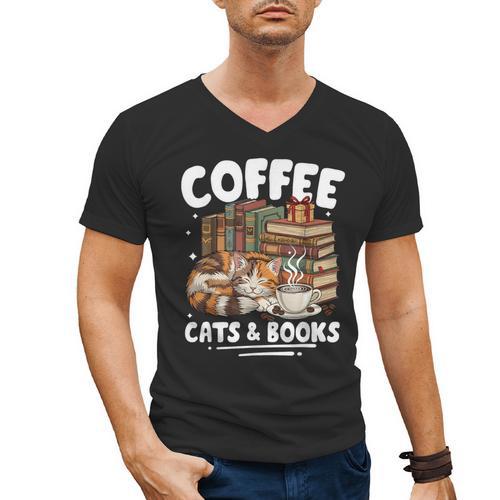 Coffee Cats And Books Cats And Reading Lovers Men's V-Neck T-Shirt - Bookorys