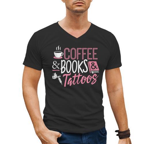 Coffee Lover Shirt Coffee And Books And Tattoos Men Women Men's V-Neck T-Shirt - Bookorys DE