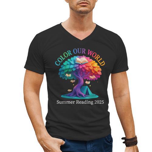 Color Our World Summer Reading 2025 Tree Book Lover Camping Men's V-Neck T-Shirt - Bookorys