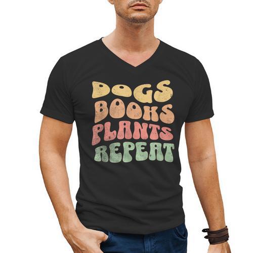 Colorful Dogs Books Plants Repeat Men's V-Neck T-Shirt - Bookorys