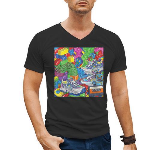 Colorful Kidcore 90s Nostalgia Meme Sneakers Robot Toy Slime Men's V-Neck T-Shirt - Figerry