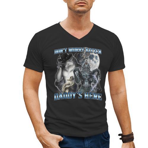 Cool Alpha Wolf Meme Don't Worry Kitten Daddy's Here Men's V-Neck T-Shirt - Father's Day Fun