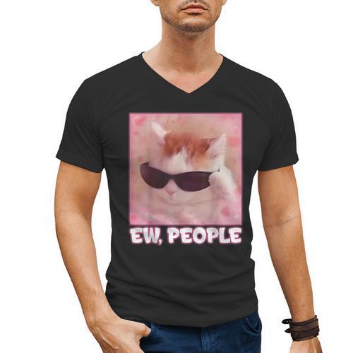 Cool Cat Meme Ew People Anti Social Introvert Cute Cat Men's V-Neck T-Shirt - Raresse