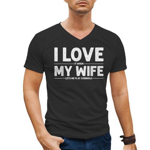 Cool Cornhole Art For Men Dad Love My Wife Husband Corn Hole Small Men's V-Neck T-Shirt - Father's Day Fun