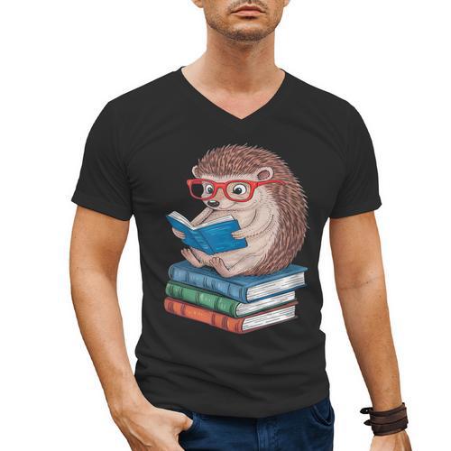 Cool Hedgehog Book Nerd Readers Men's V-Neck T-Shirt - Bookorys