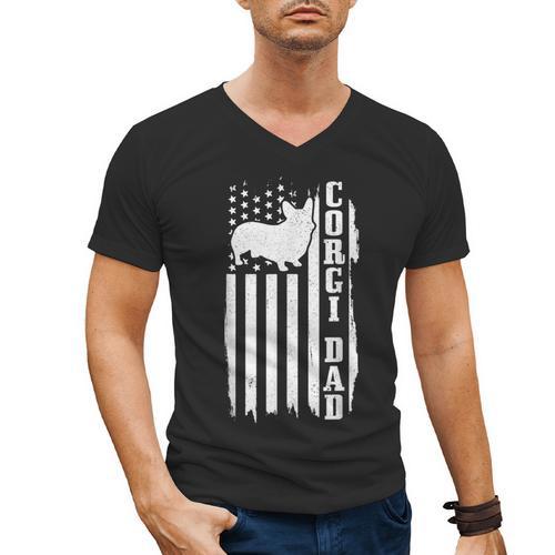 Corgi Dad Vintage American Flag Patriotic Corgi Dog Men's V-Neck T-Shirt - Father's Day Fun