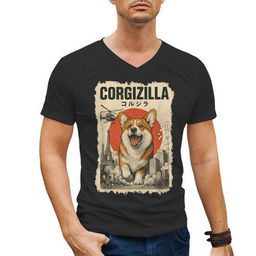 CorgiZilla Parody Japanese Art Vintage Corgi Dog Mom Dog Dad For Men Women Kids Men's V-Neck T-Shirt - Father's Day Fun