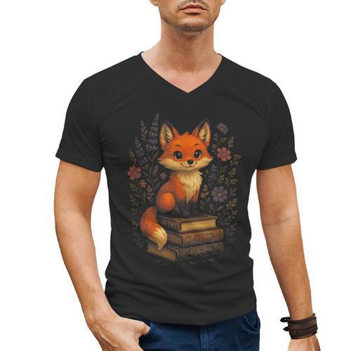 Cottagecore Aesthetic Fox Books Flowers Cute Men's V-Neck T-Shirt - Bookorys