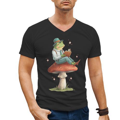 Cottagecore Aesthetic Frog Reading Book On Mushroom Vintage Men's V-Neck T-Shirt - Bookorys DE