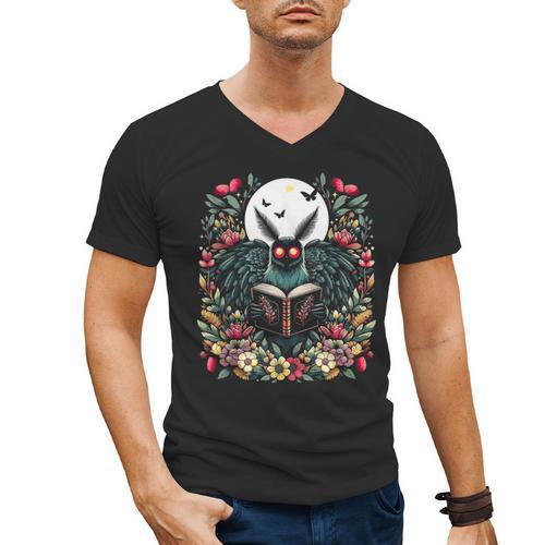 Cottagecore Aesthetic Mothman With Book Cryptid Men's V-Neck T-Shirt - Bookorys DE