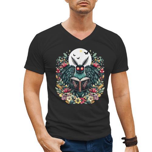 Cottagecore Aesthetic Mothman Book Lover Camping Men's V-Neck T-Shirt - Bookorys DE