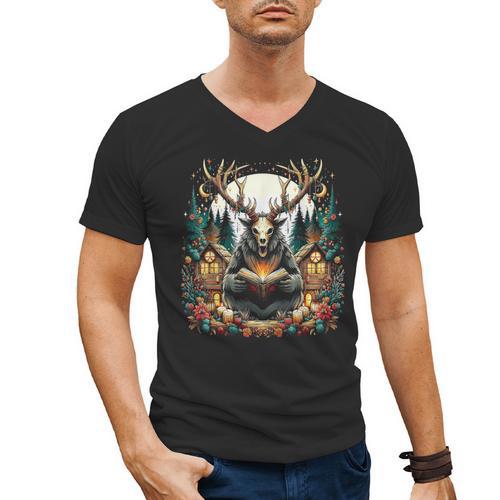 Cottagecore Aesthetic Wendigo With Book Cryptid Men's V-Neck T-Shirt - Bookorys DE