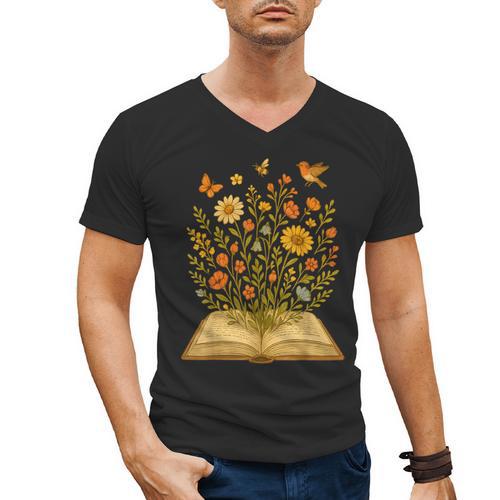 Cottagecore Enchanting Open Vintage Book Wildflowers Bloomin Men's V-Neck T-Shirt - Bookorys