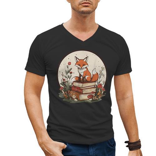 Cottagecore Fox With Books Men's V-Neck T-Shirt - Bookorys