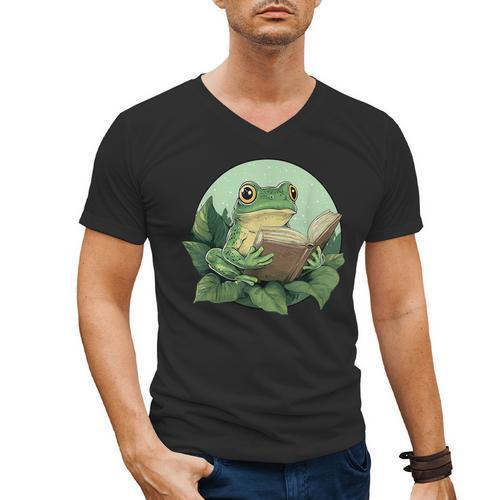 Cottagecore Frog Reading a Book Men's V-Neck T-Shirt - Bookorys CA