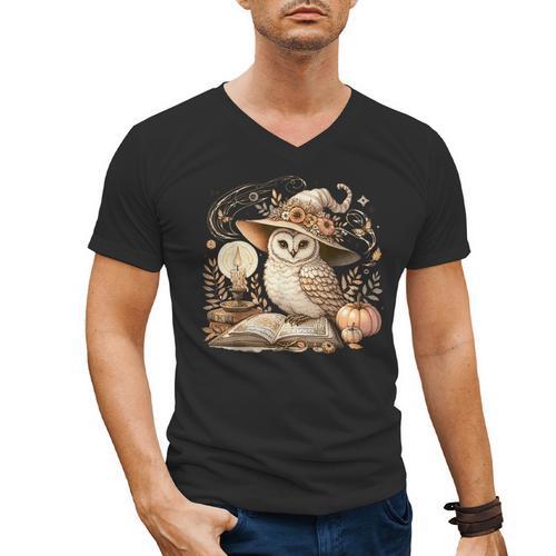 Cottagecore Owl Witch On Book Pumpkin Halloween Men's V-Neck T-Shirt - Bookorys DE