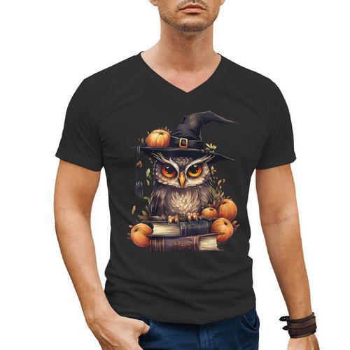 Cottagecore Owl Witch Hat On Book Pumpkin Halloween Costume Men's V-Neck T-Shirt - Bookorys DE