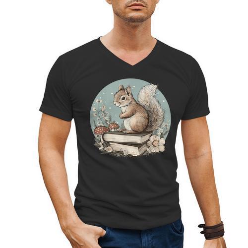 Cottagecore Squirrel With Books Men's V-Neck T-Shirt - Bookorys DE